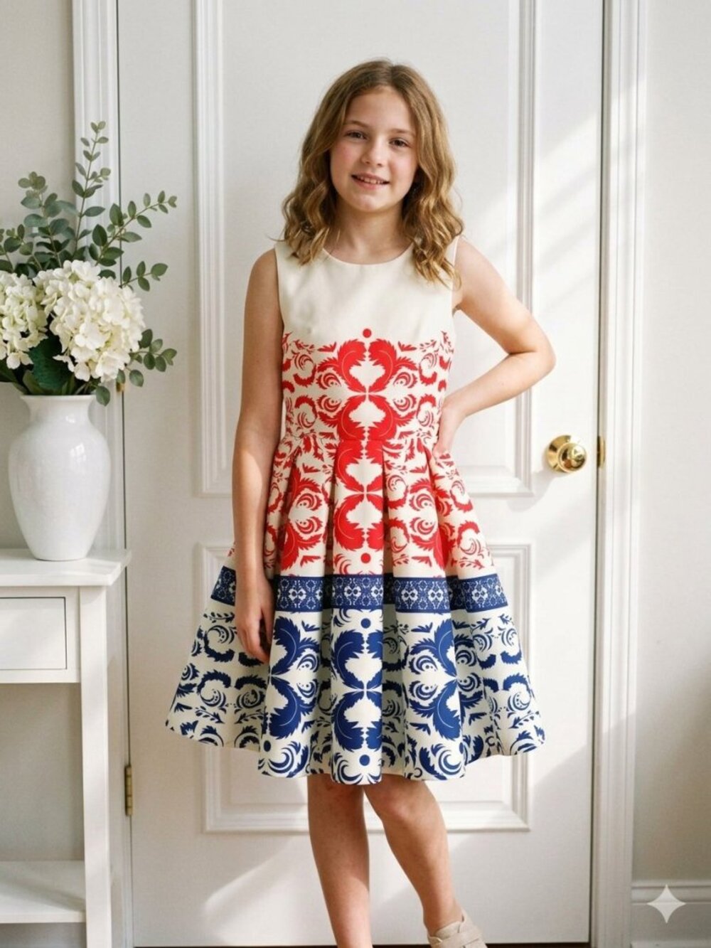 Girls Ornamental Fit & Flare Red, White & Navy Dress – Junior L
